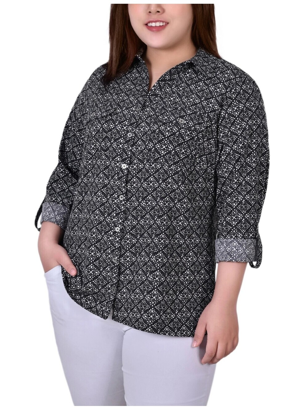 NY Collection Plus Size Sl Black White Geometric 3X